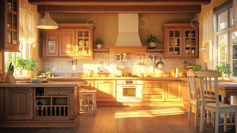 高清大图下载【趣麦麦图】阳光洒满原木厨房
