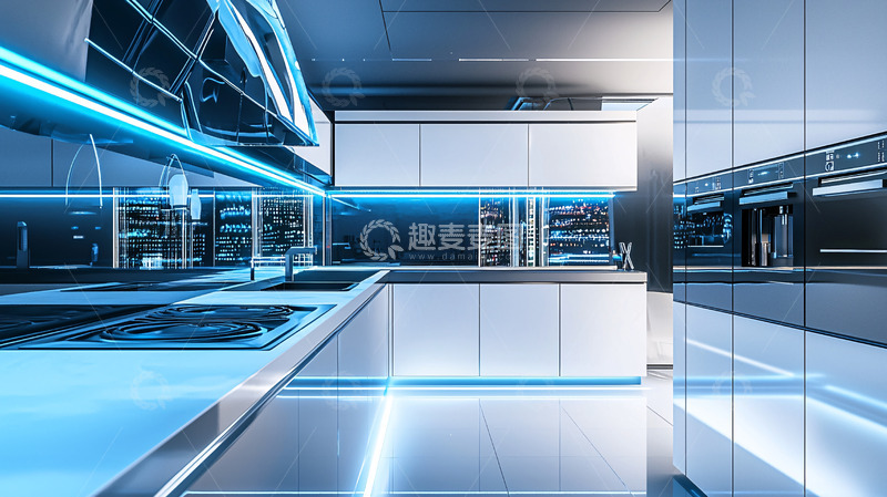 高清大图下载【趣麦麦图】现代科技感蓝色灯光厨房
