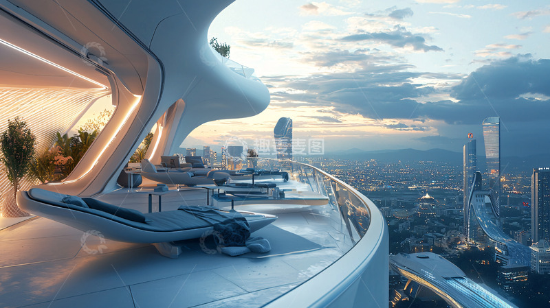 高清大图下载【趣麦麦图】未来感超现代摩天大楼阳台