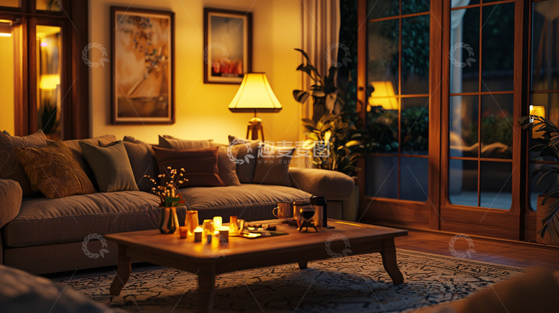 高清大图下载【趣麦麦图】温暖舒适的客厅夜晚场景