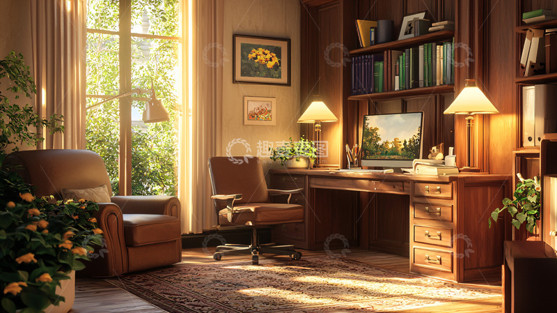高清大图下载【趣麦麦图】阳光洒进书房的舒适角落