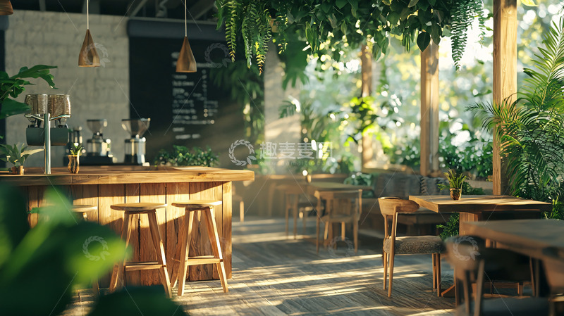 高清大图下载【趣麦麦图】绿植环绕的木质咖啡馆