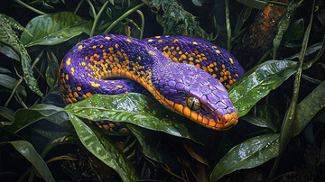 紫色的蛇在绿叶丛中