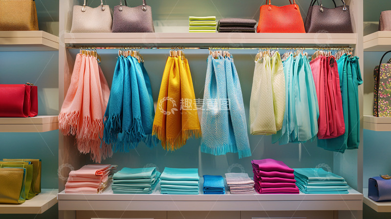 高清大图下载【趣麦麦图】色彩缤纷的围巾和包包陈列