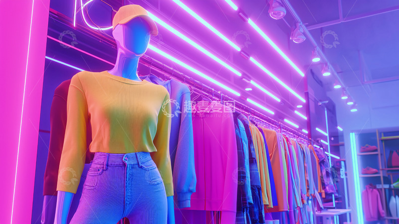 高清大图下载【趣麦麦图】霓虹灯下的服装店陈列