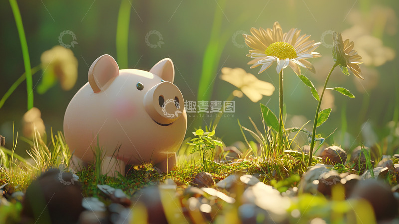 高清大图下载【趣麦麦图】阳光下草地上的粉色存钱罐