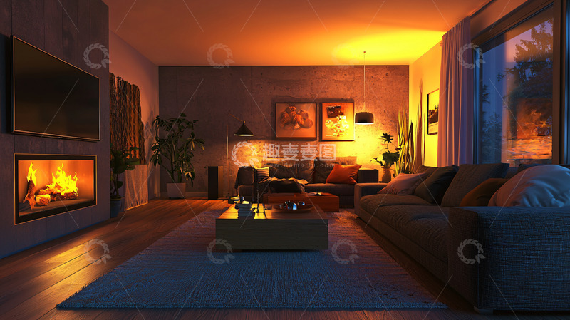 高清大图下载【趣麦麦图】温暖舒适的现代客厅夜晚