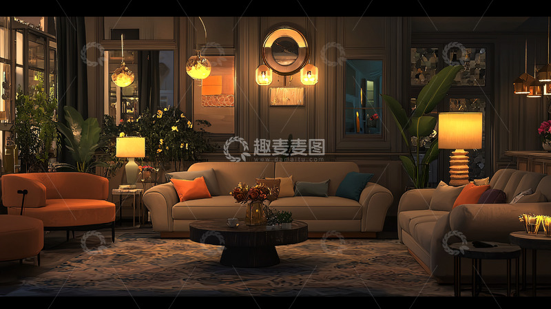高清大图下载【趣麦麦图】复古客厅夜景