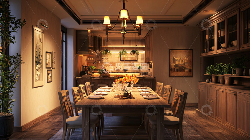 高清大图下载【趣麦麦图】温暖舒适的木质长餐桌餐厅