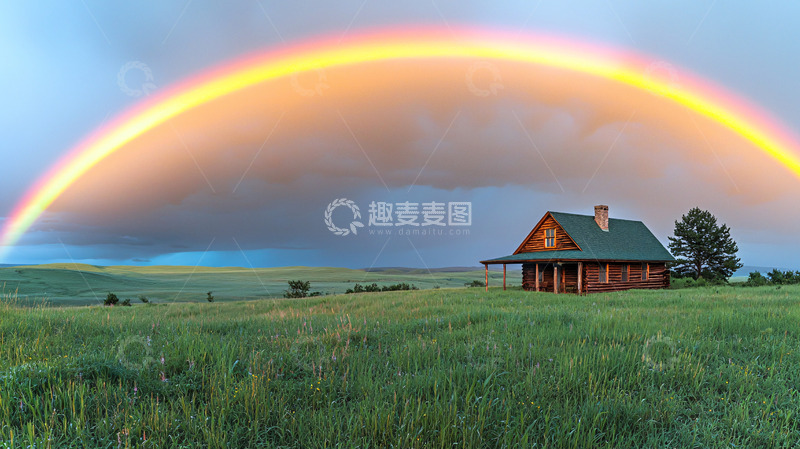 高清大图下载【趣麦麦图】彩虹下的小木屋