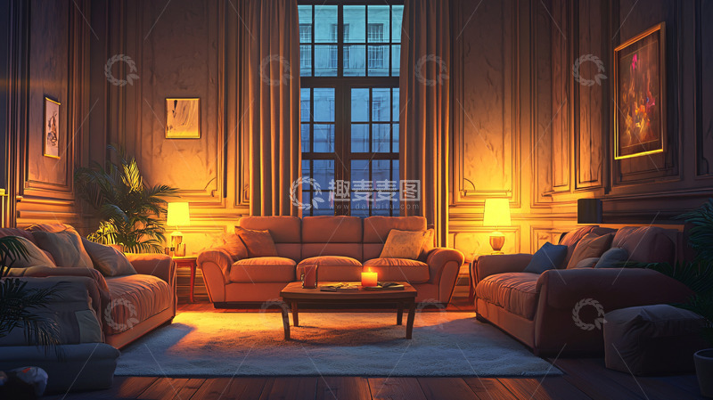 高清大图下载【趣麦麦图】夜晚温馨客厅