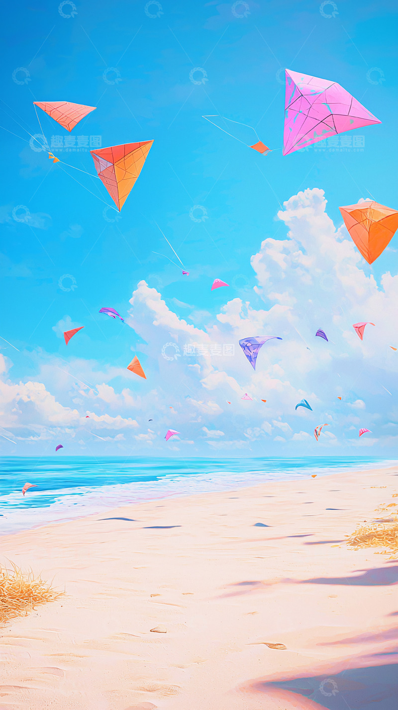 高清大图下载【趣麦麦图】蓝天白云沙滩风筝