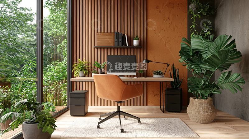 高清大图下载【趣麦麦图】木质办公桌绿色植物环绕