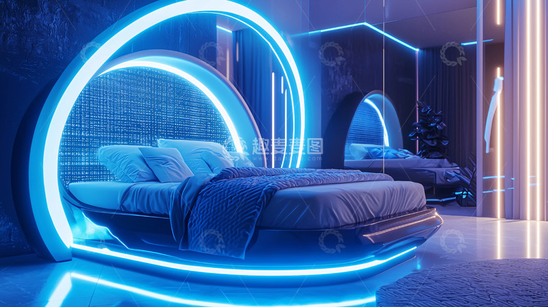 高清大图下载【趣麦麦图】蓝色霓虹灯环绕的现代卧室