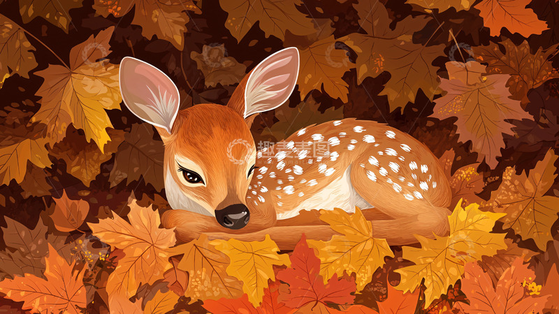 高清大图下载【趣麦麦图】秋叶中休憩的小鹿