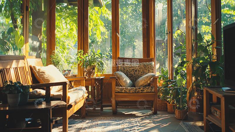 高清大图下载【趣麦麦图】阳光洒进木质阳光房