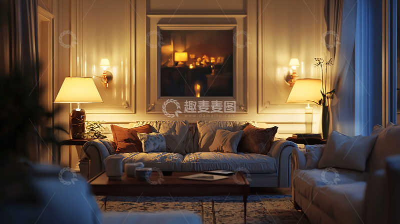 高清大图下载【趣麦麦图】温馨舒适的客厅夜景