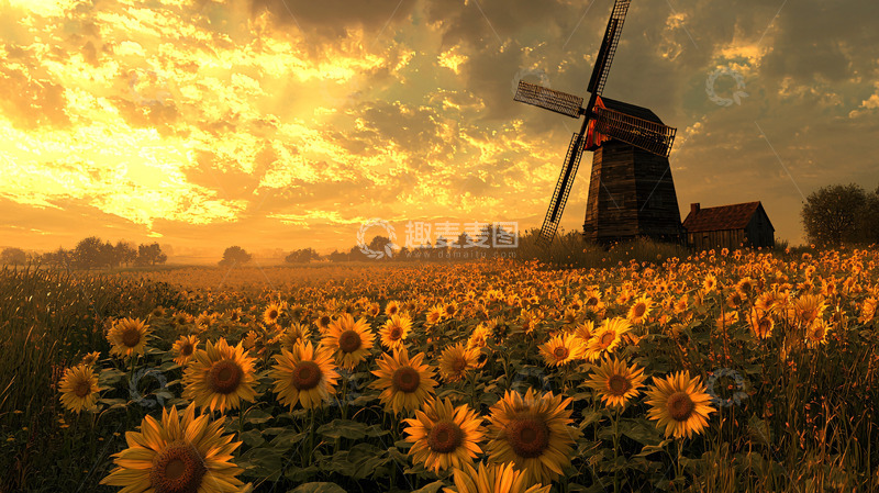 高清大图下载【趣麦麦图】夕阳下的向日葵田和风车