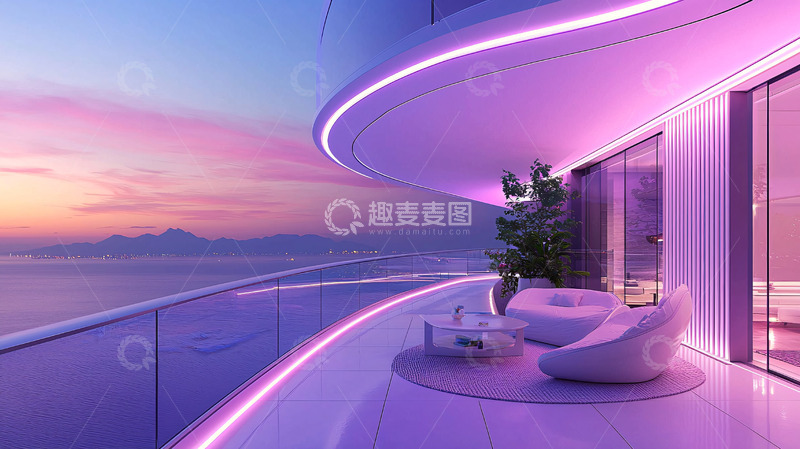 高清大图下载【趣麦麦图】极简风格海景阳台夜景