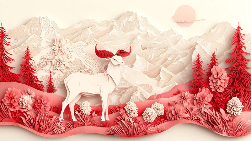 高清大图下载【趣麦麦图】红白剪纸鹿与雪山