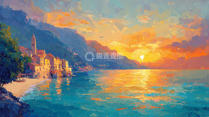 高清大图下载【趣麦麦图】地中海沿岸小镇日落