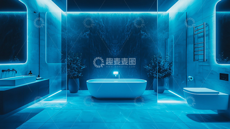 高清大图下载【趣麦麦图】蓝色灯光下的现代浴室