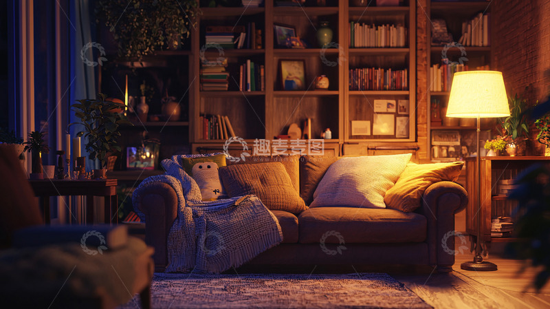 高清大图下载【趣麦麦图】温暖舒适的夜晚客厅