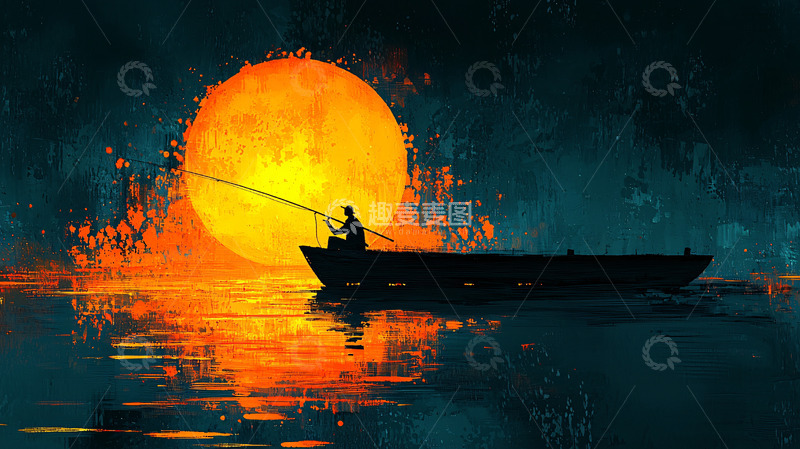 高清大图下载【趣麦麦图】日落渔船剪影