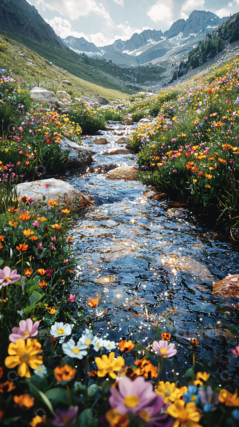 高清大图下载【趣麦麦图】山谷溪流野花盛开