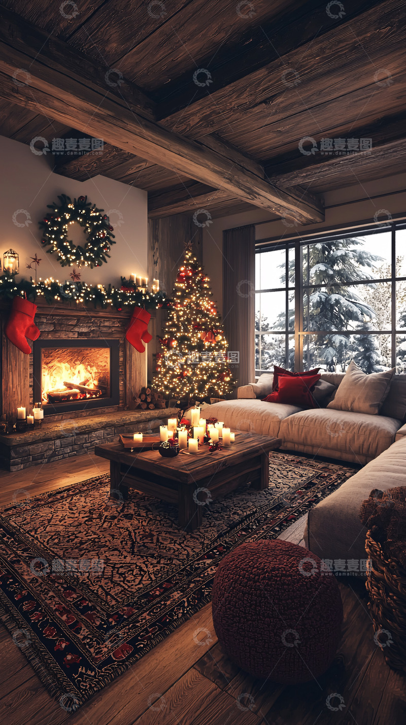 高清大图下载【趣麦麦图】温馨圣诞节壁炉客厅