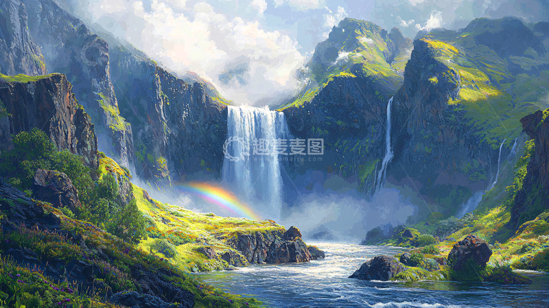 高清大图下载【趣麦麦图】高山瀑布彩虹风景