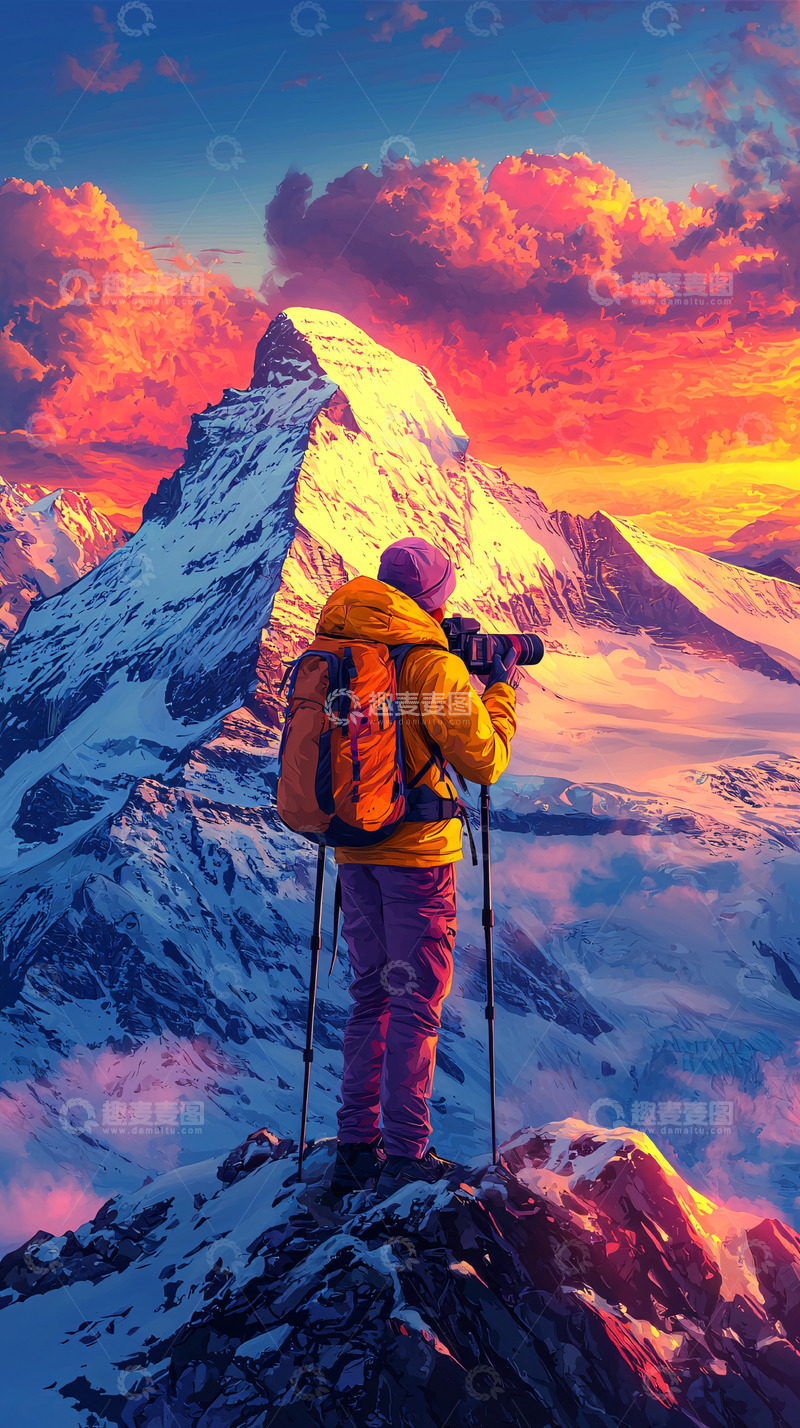 高清大图下载【趣麦麦图】登山者雪山日出