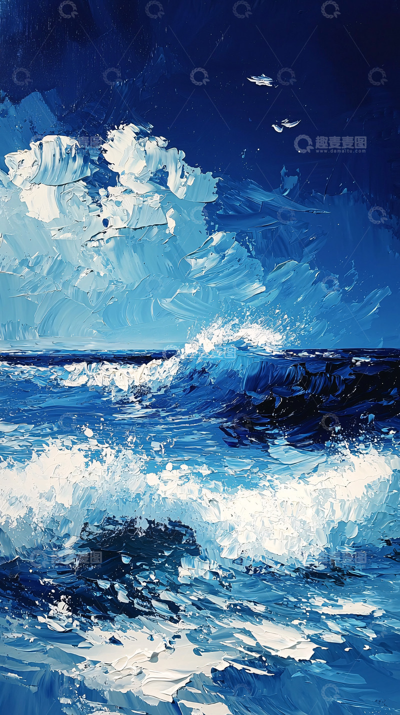 高清大图下载【趣麦麦图】蓝色油画风格的海洋波涛