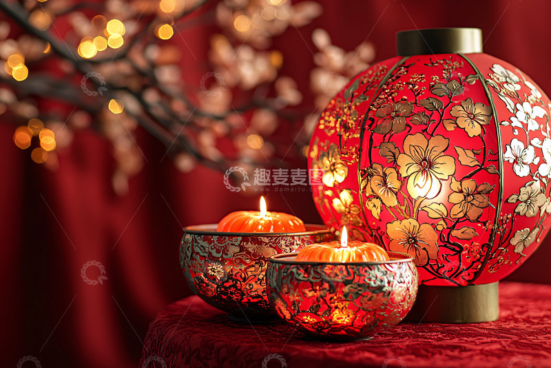 高清大图下载【趣麦麦图】红灯笼与蜡烛的节日氛围
