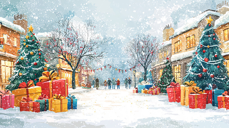 高清大图下载【趣麦麦图】冬日雪景小镇圣诞节氛围