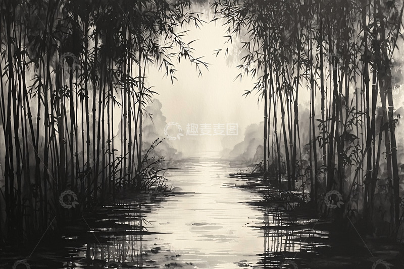 高清大图下载【趣麦麦图】水墨画竹林小溪