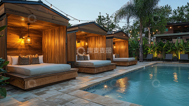 高清大图下载【趣麦麦图】泳池边的木质凉亭