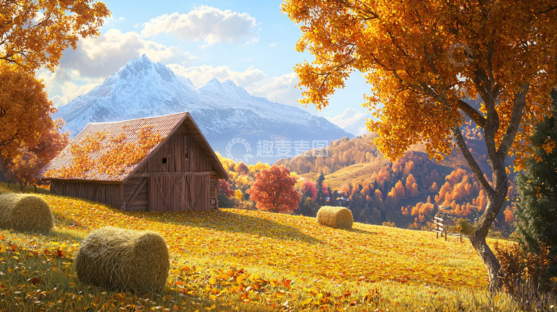 高清大图下载【趣麦麦图】秋日田园小屋雪山背景