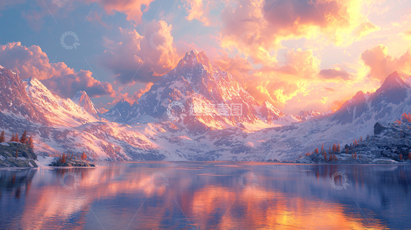 高清大图下载【趣麦麦图】雪山日落湖泊景色