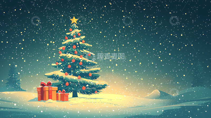 高清大图下载【趣麦麦图】下雪的圣诞树和礼物