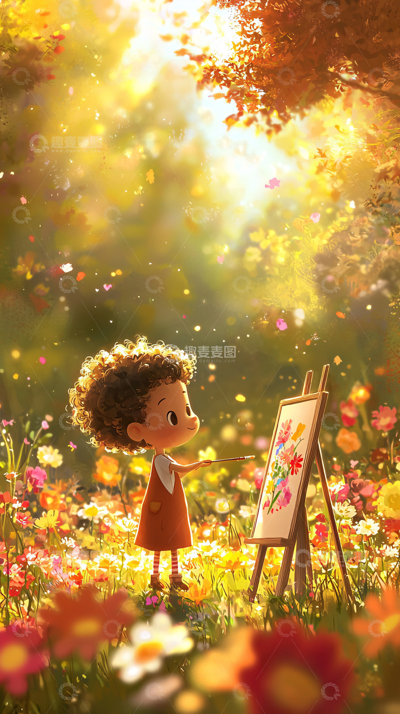 高清大图下载【趣麦麦图】阳光下女孩绘画
