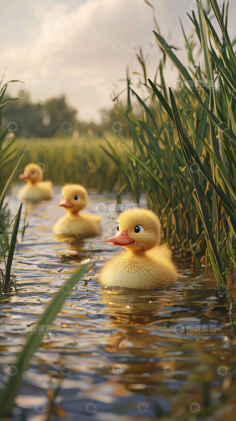 高清大图下载【趣麦麦图】三只小鸭子在小河里游泳