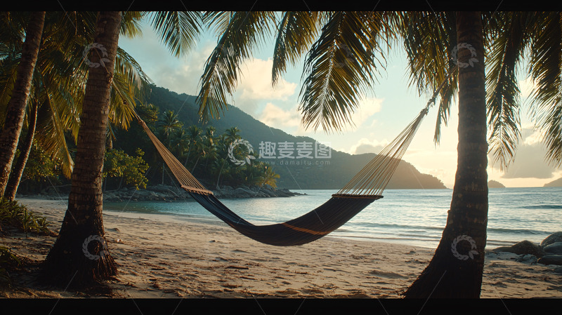 高清大图下载【趣麦麦图】海滩吊床椰林日落