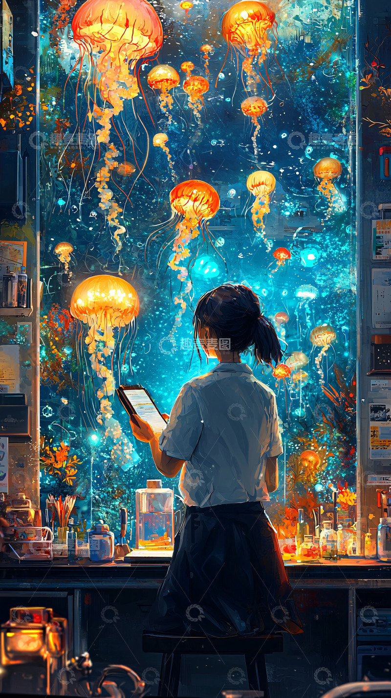 高清大图下载【趣麦麦图】女孩观赏水母发光水族箱