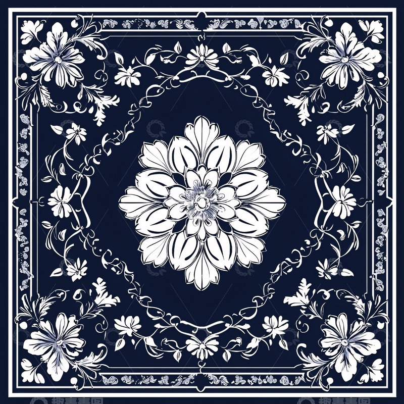 高清大图下载【趣麦麦图】深蓝色底白色花纹图案