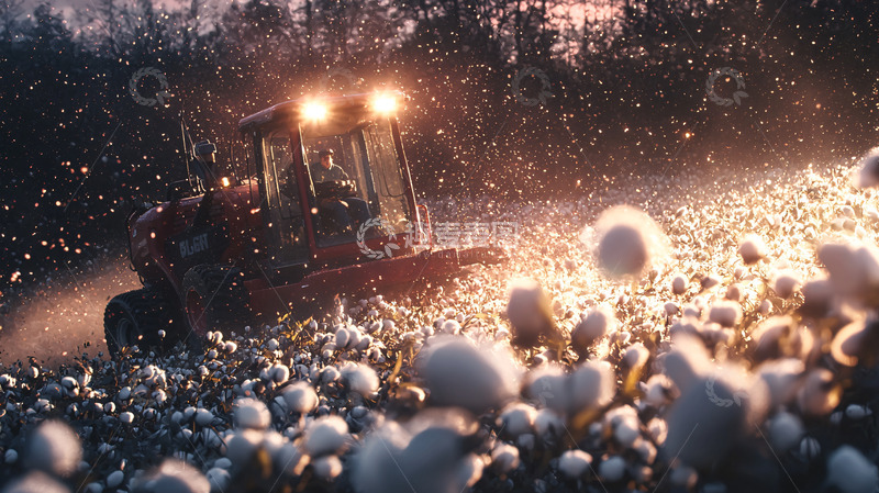 高清大图下载【趣麦麦图】采棉机采摘棉花