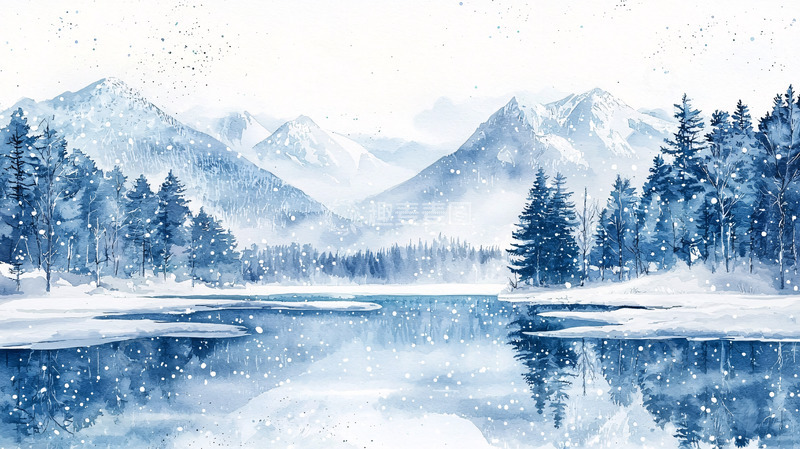 高清大图下载【趣麦麦图】水彩雪山湖泊风景