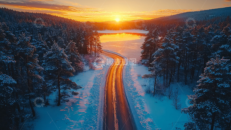 高清大图下载【趣麦麦图】冬日雪景公路日落