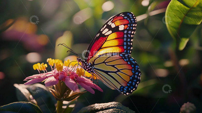 高清大图下载【趣麦麦图】阳光下美丽的蝴蝶和花朵
