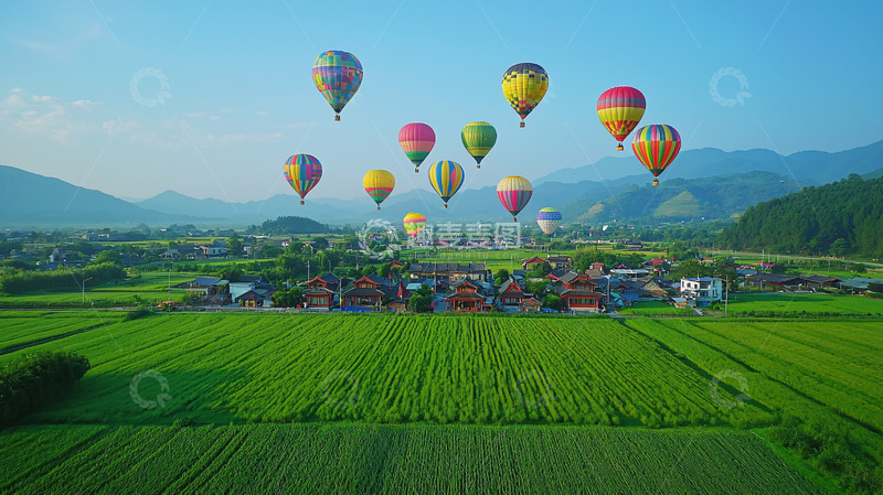 高清大图下载【趣麦麦图】热气球飞过田野和村庄